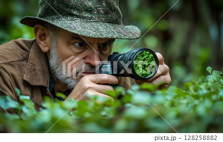 Nature photographer focused on wildlife through camera lens 128258882