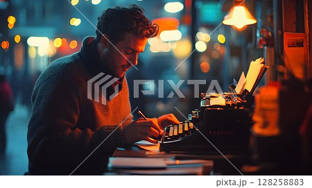 Man writing at night with vintage typewriter dramatic city setting 128258883