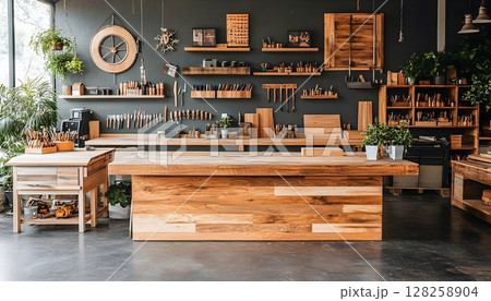 Rustic wooden workshop interior with tools and workbenches 128258904