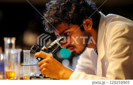 Focused young scientist using microscope in laboratory science research and education 128258905
