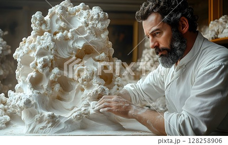 Sculptor working on abstract white sculpture in studio 128258906