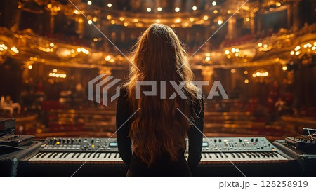 Woman at mixing console in large auditorium back view 128258919