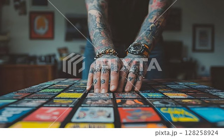 Detailed close up of heavily tattooed hands on colorful surface 128258924