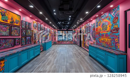 Modern art gallery interior colorful walls and artwork display 128258945