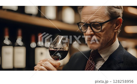 Man tasting red wine in wine cellar close up view 128258956