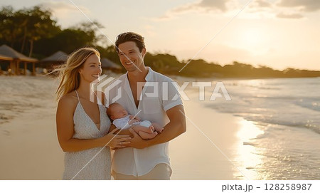 Happy family beach sunset newborn baby portrait 128258987