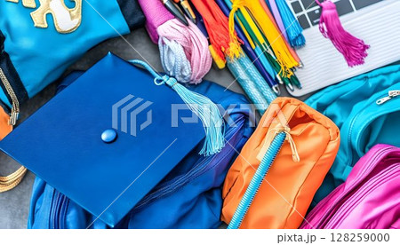 Colorful school supplies and graduation cap flatlay 128259000
