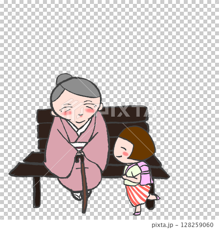 A girl talking to an old woman sitting on a bench 128259060