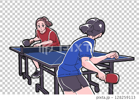 Illustration of two girls playing table tennis Illustration of two girls playing table tennis 128259113