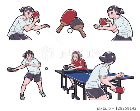 卓球をする女の子のイラストセット 卓球をする女の子のイラストセット 128259142