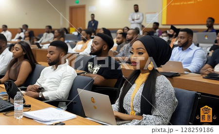 Diverse young adults attentively listening to presentation in lecture hall 128259186