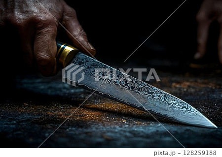 Handcrafted knife close up detailed view of forged blade and texture 128259188