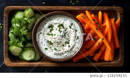 Creamy dip with carrot and cucumber healthy snack food 128259233