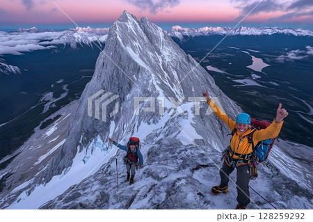 Climbers reaching mountaintop at sunrise adventure and success 128259292