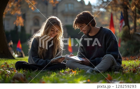Students studying outdoors on sunny autumn day 128259293