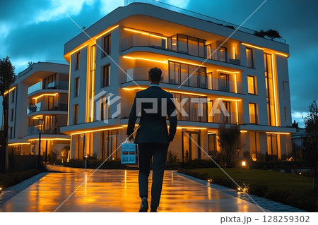 Modern apartment building at night man walking 128259302