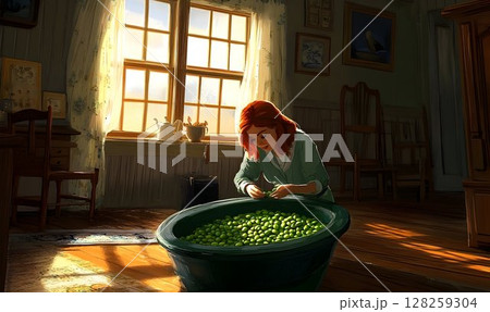 Woman sorting fresh green peas by window in rustic room 128259304