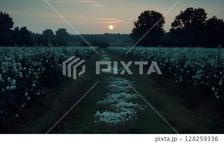 Sunset path through rows of plants in field 128259336