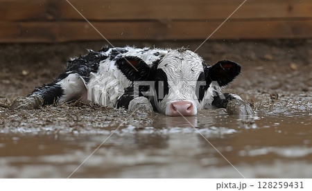 Newborn calf resting in mud puddle Newborn calf resting in mud puddle 128259431