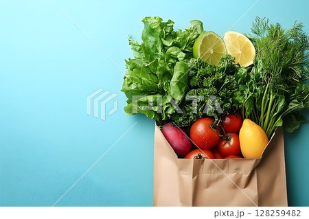 Fresh produce in paper bag vibrant vegetables and citrus fruits 128259482