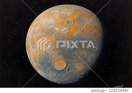 Cosmic planet space astronomy science illustration orange grey craters Cosmic planet space astronomy science illustration orange grey craters 128259497