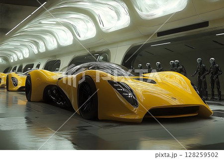 Futuristic yellow sports car in modern garage transportation and technology concept 128259502