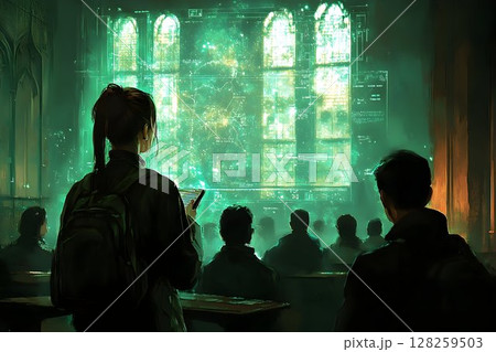 Futuristic classroom students learning with digital projections 128259503