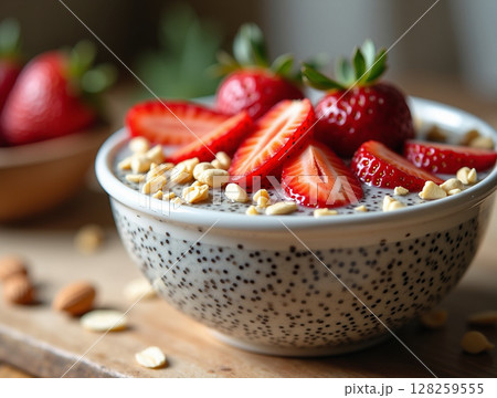 Strawberry Chia Pudding with Almond Milk and Crushed Nuts in Cozy Kitchen Light 128259555