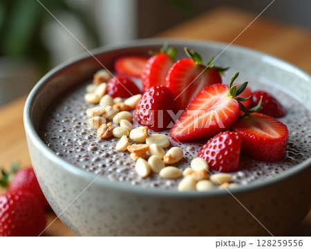 Chia Pudding with Strawberries and Nuts in Ceramic Bowl under Natural Light 128259556
