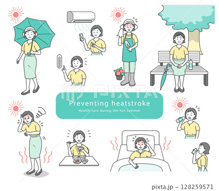 熱中症対策をする若い女性のシンプルな線画イラストセット 128259571