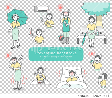 熱中症対策をする若い女性のシンプルな線画イラストセット 128259571