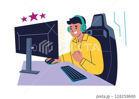 Flat cartoon vector illustration of male gamer or streamer playing computer game with gaming mouse and keyboard. Young man with headphones at desk setup. Entertainment theme, e sports Flat cartoon vector illustration of male gamer or streamer playing computer game with gaming mouse and keyboard. Young man with headphones at desk setup. Entertainment theme, e sports 128259600