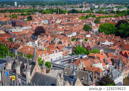 Brugge, Belgium Aerial View of Medieval City with Red Tile Roofs and Historic Architecture 128259622