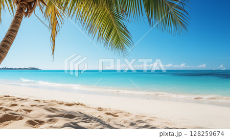 Tropical beach. Summer vacation on a tropical island with beautiful beach and palm trees. Tropical Maldives. Tropical beach. Summer vacation on a tropical island with beautiful beach and palm trees. Tropical Maldives. 128259674