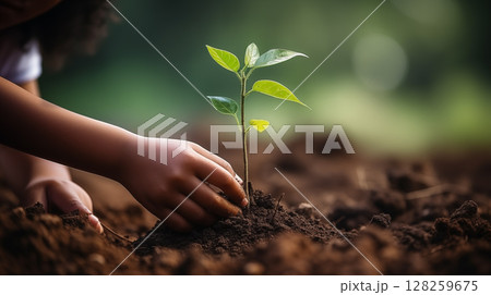 Close up of child hands planting young tree. 128259675