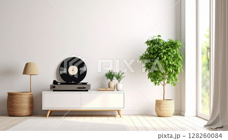 A modern living room interior featuring a contemporary sofa, stylish furniture, and a decorative plant, creating a luxurious home design 128260084