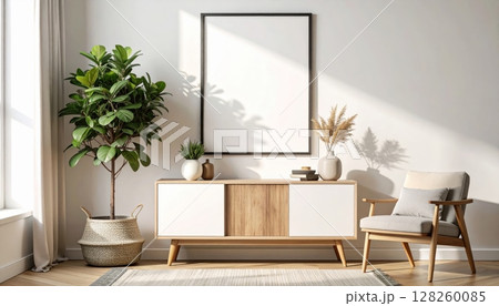 Sleek white furniture defines this modern living room interior, a contemporary design perfect for any luxury apartment or home 128260085