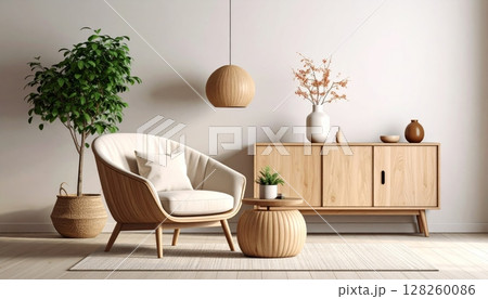 Modern interior design of a comfortable living room with white furniture, sofa, and armchair, perfect for a luxurious home decor Modern interior design of a comfortable living room with white furniture, sofa, and armchair, perfect for a luxurious home decor 128260086