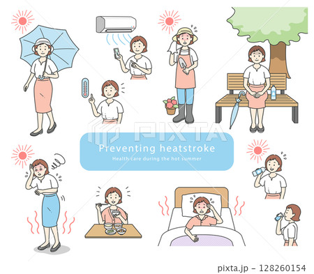 熱中症対策をする若い女性のシンプルな線画イラストセット 128260154