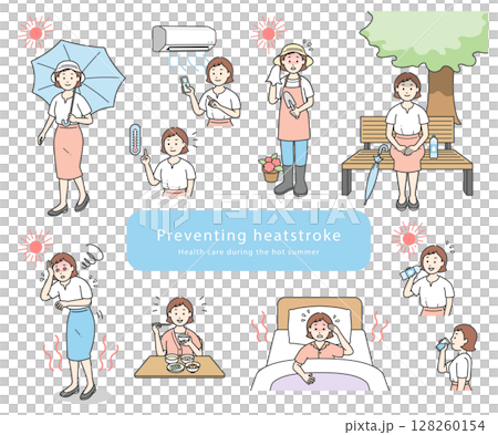 簡單線條畫插圖集,描繪一名年輕女子採取防中暑措施 簡單線條畫插圖集,描繪一名年輕女子採取防中暑措施 128260154