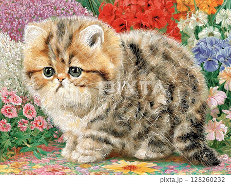 Adorable Kitten Amidst Vibrant Blooms, a Delightful Floral Scene 128260232