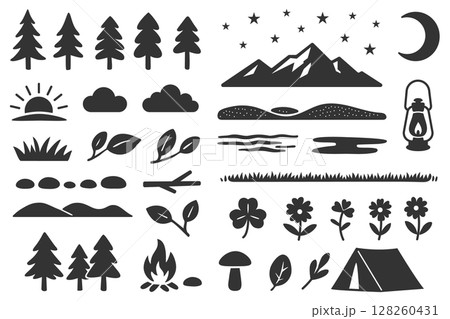 自然とキャンプのイラストセット　モノクロ 128260431