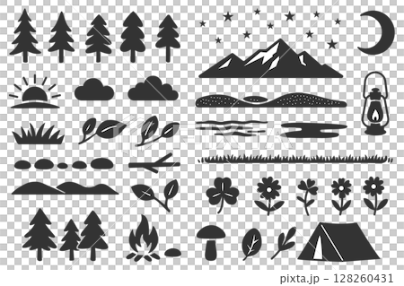 自然とキャンプのイラストセット　モノクロ 128260431