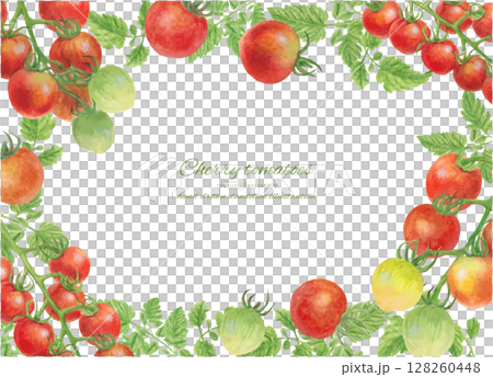 水彩で描いたミニトマトのフレーム背景のベクターイラスト 128260448