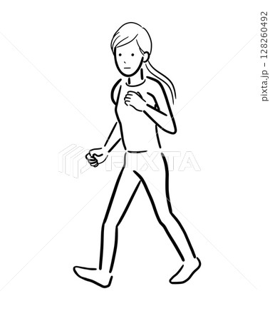 無表情で小走りする女性のモノクロームのイラスト 128260492