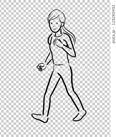 無表情で小走りする女性のモノクロームのイラスト 128260492