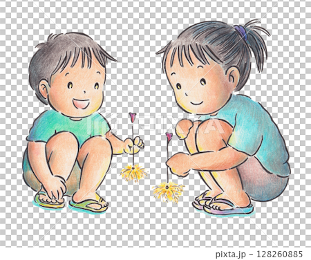 小孩玩煙火的插圖 小孩玩煙火的插圖 128260885