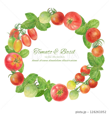 水彩手書きのフレッシュなトマトとスイートバジルのカットイラスト素材 水彩手書きのフレッシュなトマトとスイートバジルのカットイラスト素材 128261052