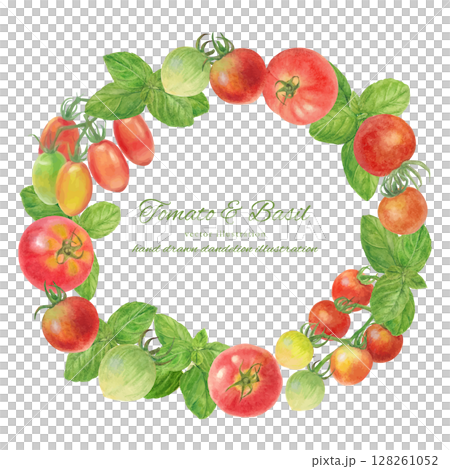水彩畫的新鮮番茄和甜羅勒卡通素材 128261052