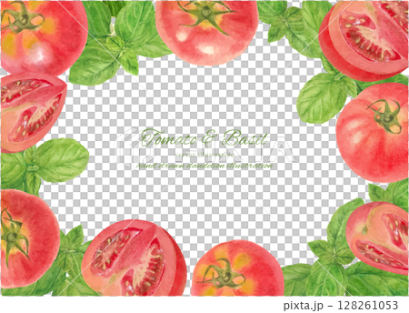 Fresh tomato and sweet basil cartoon material drawn by watercolor Fresh tomato and sweet basil cartoon material drawn by watercolor 128261053